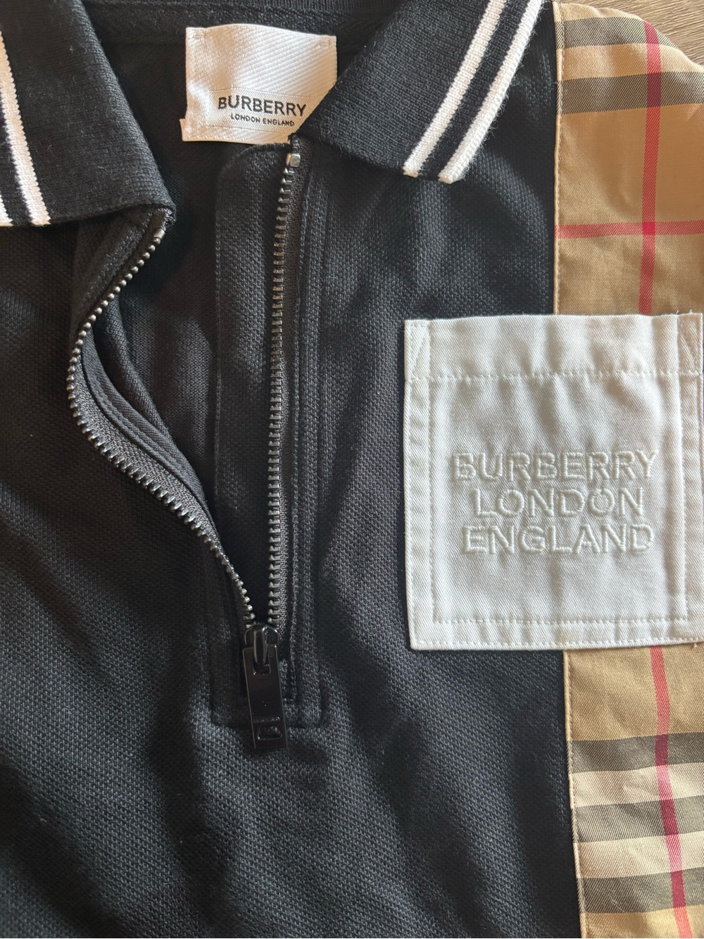 Burberry Black Polo Zip Shirt with Beige Check Panel and White Patch